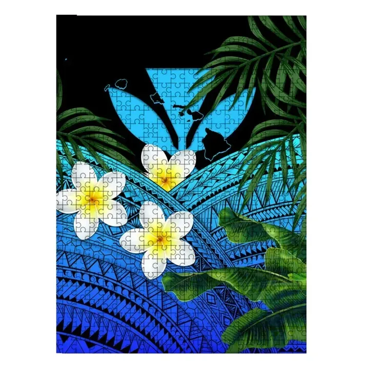 Kanaka Maoli (Hawaiian) Wood Puzzle, Polynesian Plumeria Banana Leaves Blue
