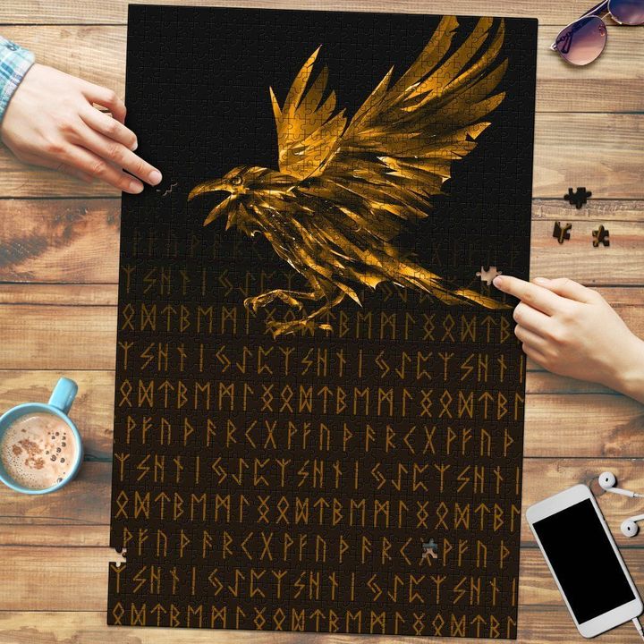 Vikings Premium Wood Jigsaw Puzzle (Vertical) - Raven Tattoo Style Gold