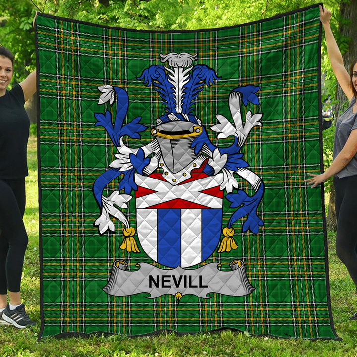 1sttheworld Premium Quilt - Nevill Or Neville Irish Family Crest Quilt - Irish National Tartan A7 | 1sttheworld.com