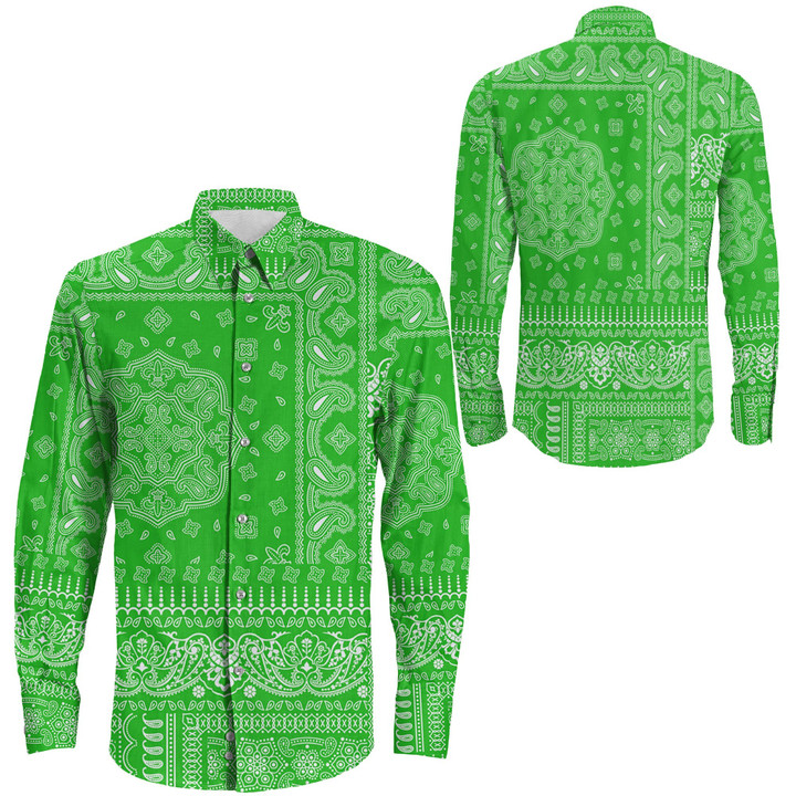 Paisley Bandana Fabric Patchwork Green Long Sleeve Button Shirt A31 | 1sttheworld.com
