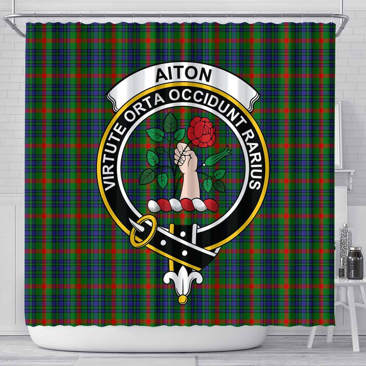 1sttheworld Shower Curtain - Aiton Clan Tartan Crest Shower Curtain A7 | 1stScotland.com