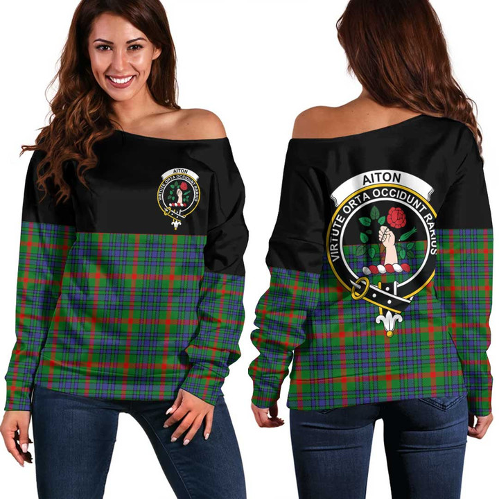 1sttheworld Clothing - Aiton Clan Tartan Crest Off Shoulder Sweatshirt - Special Version A7 | 1sttheworld