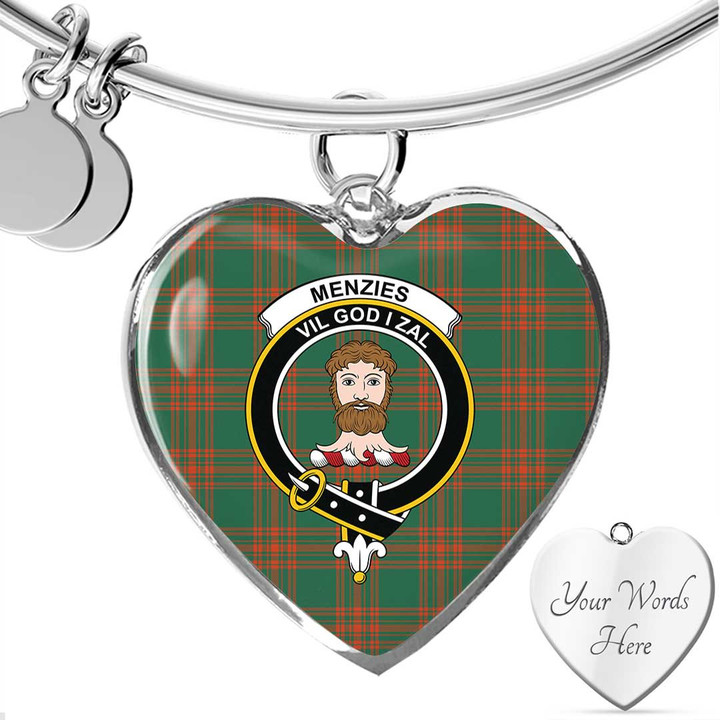 1sttheworld Jewelry - Menzies Green Ancient Clan Tartan Crest Heart Bangle A7 | 1sttheworld