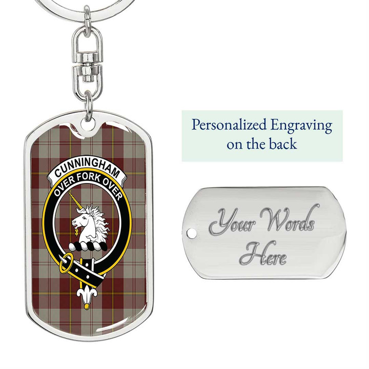1sttheworld Jewelry - Cunningham Burgundy Dancers Clan Tartan Crest Dog Tag with Swivel Keychain A7 | 1sttheworld