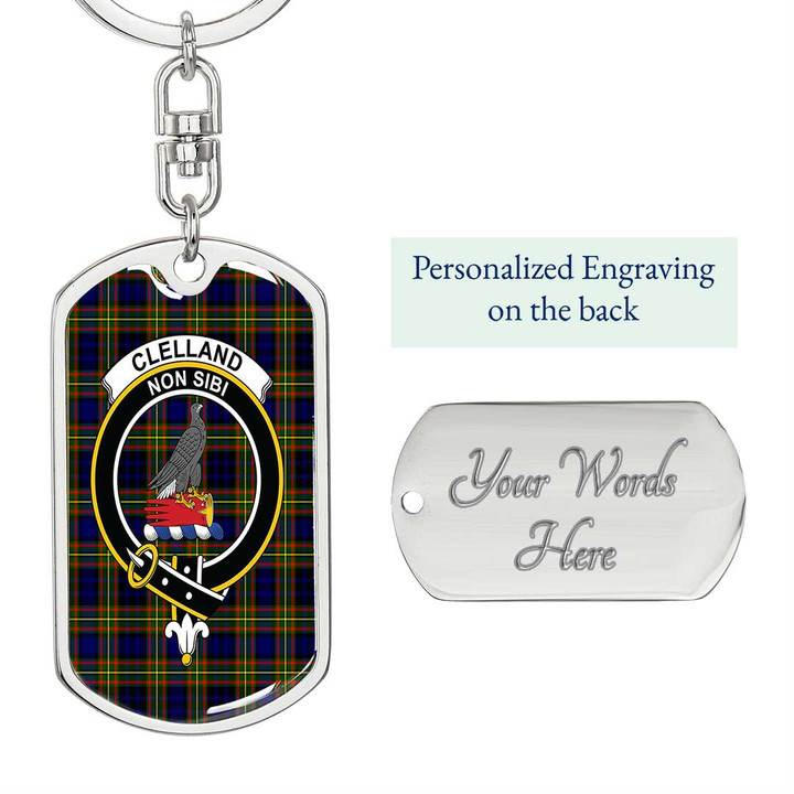 1sttheworld Jewelry - Clelland Modern Clan Tartan Crest Dog Tag with Swivel Keychain A7 | 1sttheworld