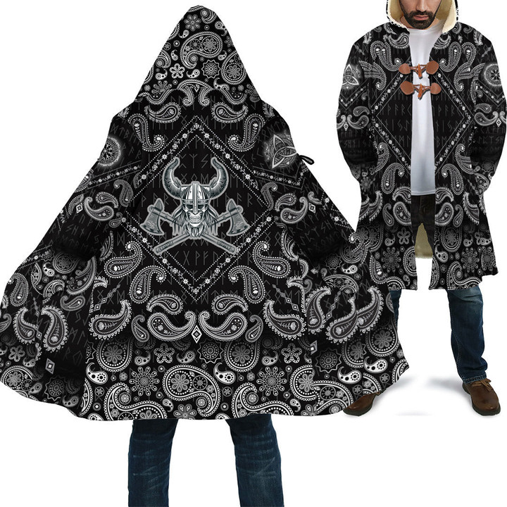1sttheworld Clothing - Viking Cloak - Vikings Head In Horned Helmet and Axes with Bandana Paisley Style A7 | 1sttheworld