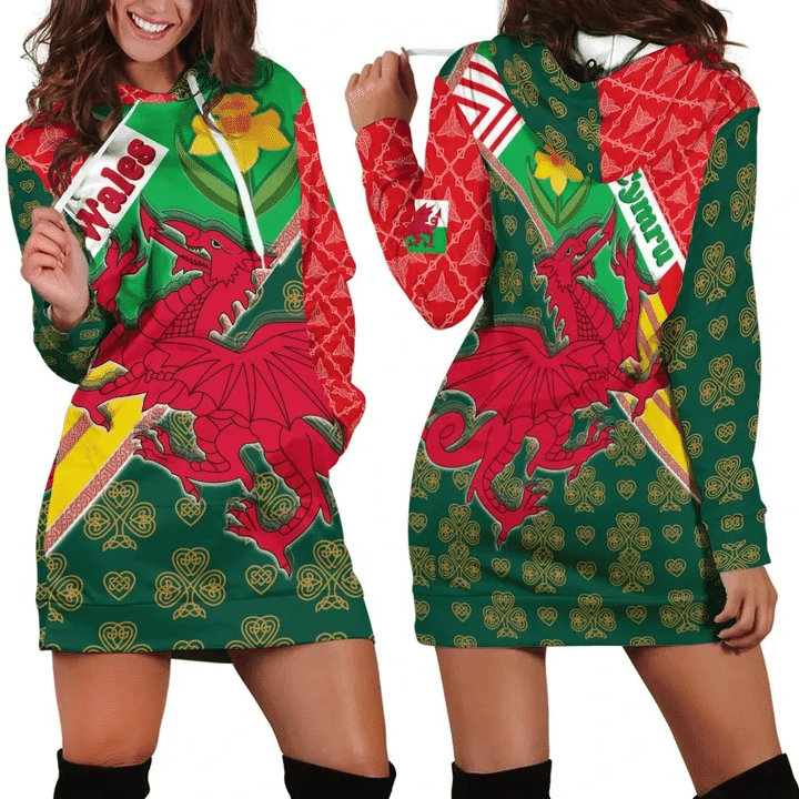 Celtic Wales Hoodie Dress - Cymru Dragon and Daffodils - BN21 | 1sttheworld.com
