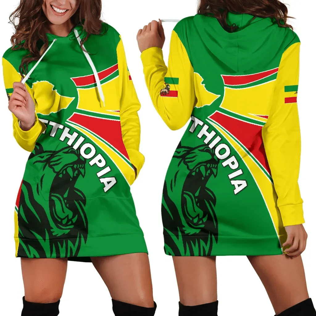 1stTheWorld Ethiopia Hoodie Dress, Ethiopia Round Coat Of Arms Lion Women A10 | 1sttheworld.com

