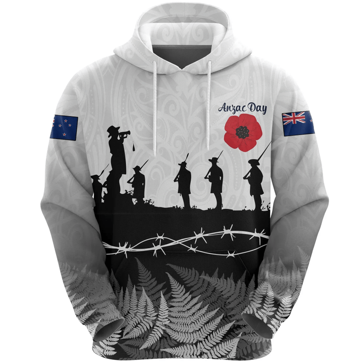 New Zealand Anzac Day Hoodie Lest We Forget Sliver Fern Poppies