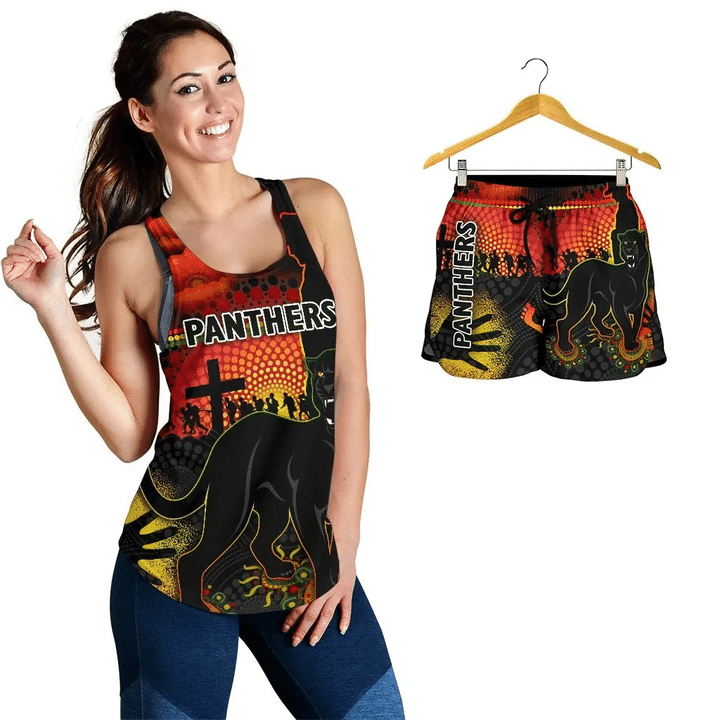 Combo Racerback Tank and Women Short Penrith Indigenous Panthers Anzac Day Lest We Forget A7