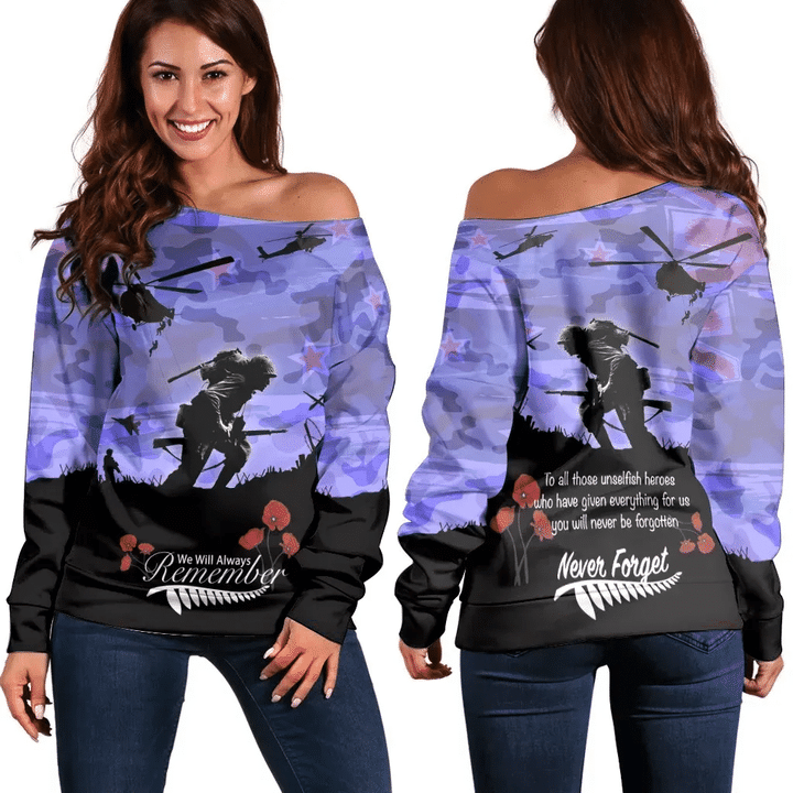 Anzac Day 2021 We Will Always Remember , Women's Off Shoulder Sweater