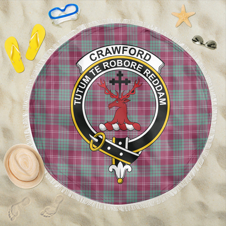 1sttheworld Blanket - Crawford Ancient Clan Tartan Crest Tartan Beach Blanket A7 | 1sttheworld