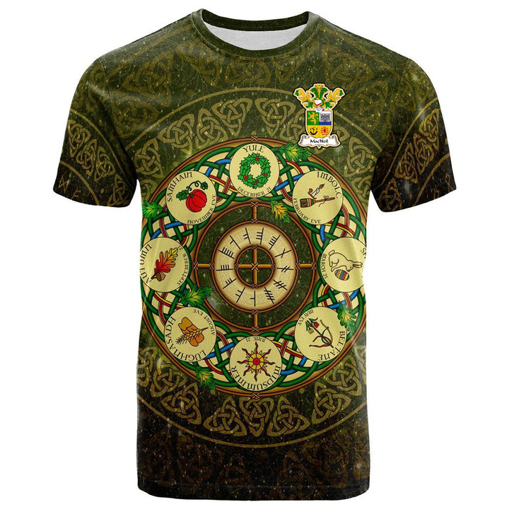 1sttheworld Tee - MacNeil or MacNeill Family Crest T-Shirt - Celtic Wheel of the Year Ornament A7 | 1sttheworld