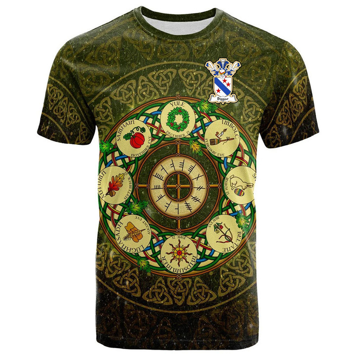 1sttheworld Tee - Biggar Family Crest T-Shirt - Celtic Wheel of the Year Ornament A7 | 1sttheworld