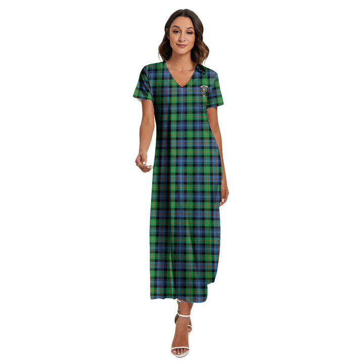 1sttheworld Women's Clothing - Murray of Atholl Ancient Clan Tartan Crest Women's V-neck Dress With Side Slit A7 | 1sttheworld