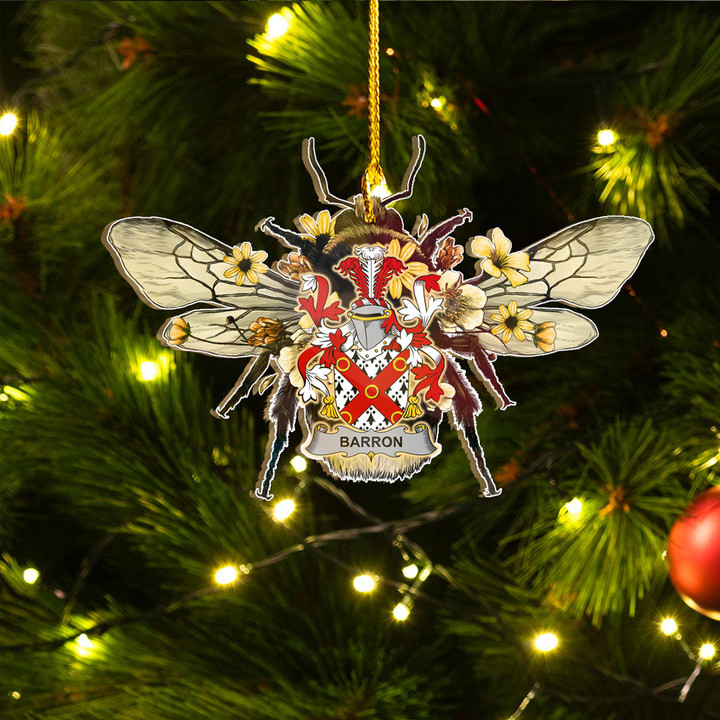 1sttheworld Ornament - Barron Irish Family Crest Custom Shape Ornament - Bee Decorated with Flowers A7 | 1sttheworld