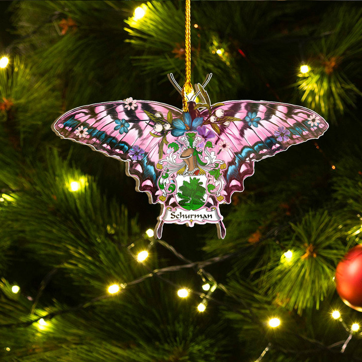 1sttheworld Ornament - Schurman German Family Crest Custom Shape Ornament - Pink Butterfly with Flowers A7 | 1sttheworld