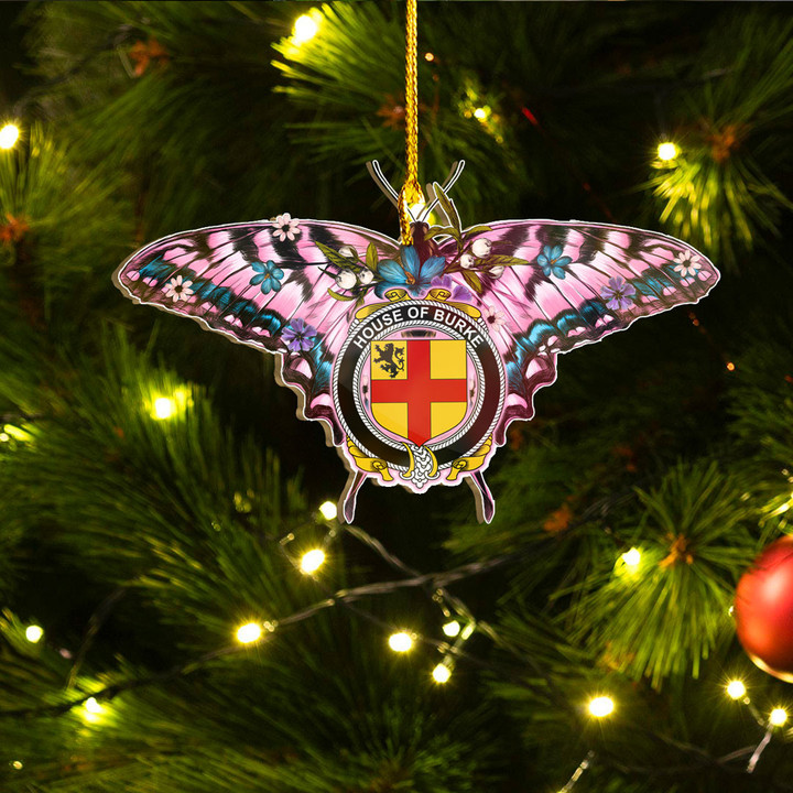 1sttheworld Ornament - House of BURKE Irish Family Crest Custom Shape Ornament - Pink Butterfly with Flowers A7 | 1sttheworld