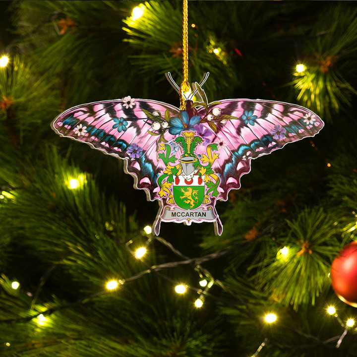 1sttheworld Ornament - McCartan Irish Family Crest Custom Shape Ornament - Pink Butterfly with Flowers A7 | 1sttheworld