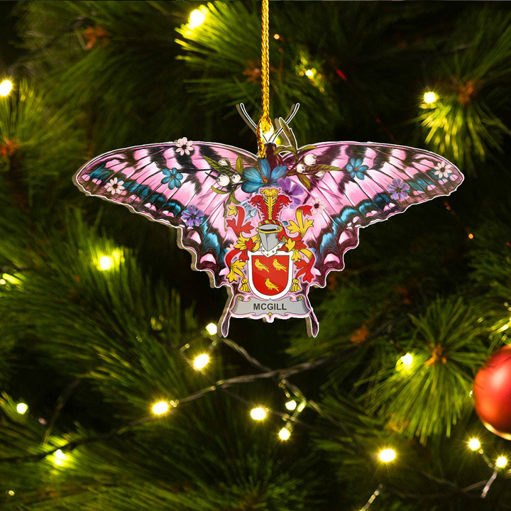1sttheworld Ornament - McGill Irish Family Crest Custom Shape Ornament - Pink Butterfly with Flowers A7 | 1sttheworld