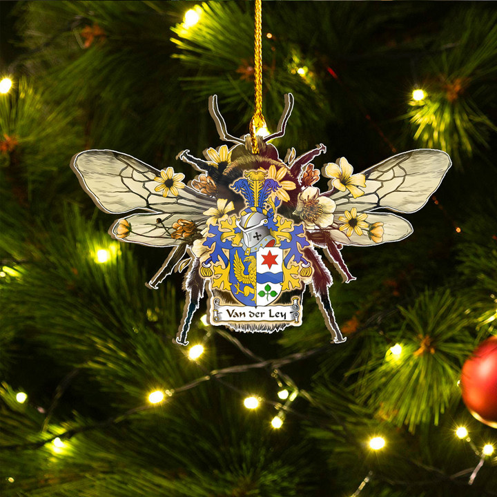 1sttheworld Ornament - Van der Ley Dutch Family Crest Custom Shape Ornament - Bee Decorated with Flowers A7 | 1sttheworld