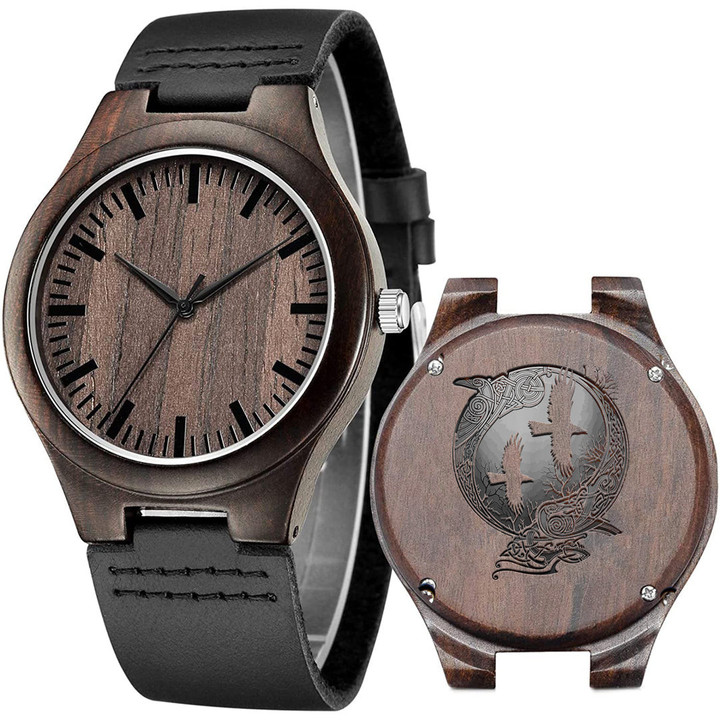 1sttheworld Watch - Vintage Vikings Celtic Mythology Odins Raven Hugin munin Engraved Wooden Watch A35