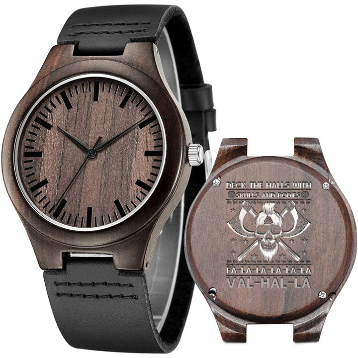 1sttheworld Watch - Deck The Halls With Skulls And Bodies Vikings Christmas Engraved Wooden Watch A35