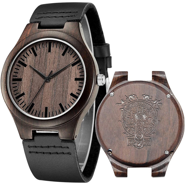 1sttheworld Watch - VIKINGS RISE HAMMER OF THOR Norse Mythology Engraved Wooden Watch A35