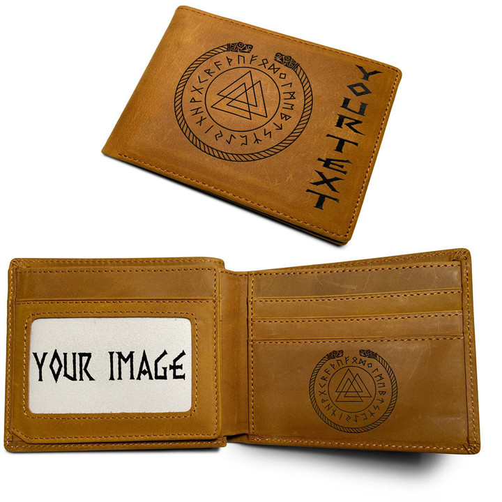 1sttheworld Viking (Custom) - Classic Nordic Viking Rune Symbol Valknut Viking Bangle Engraved Leather Wallet A35