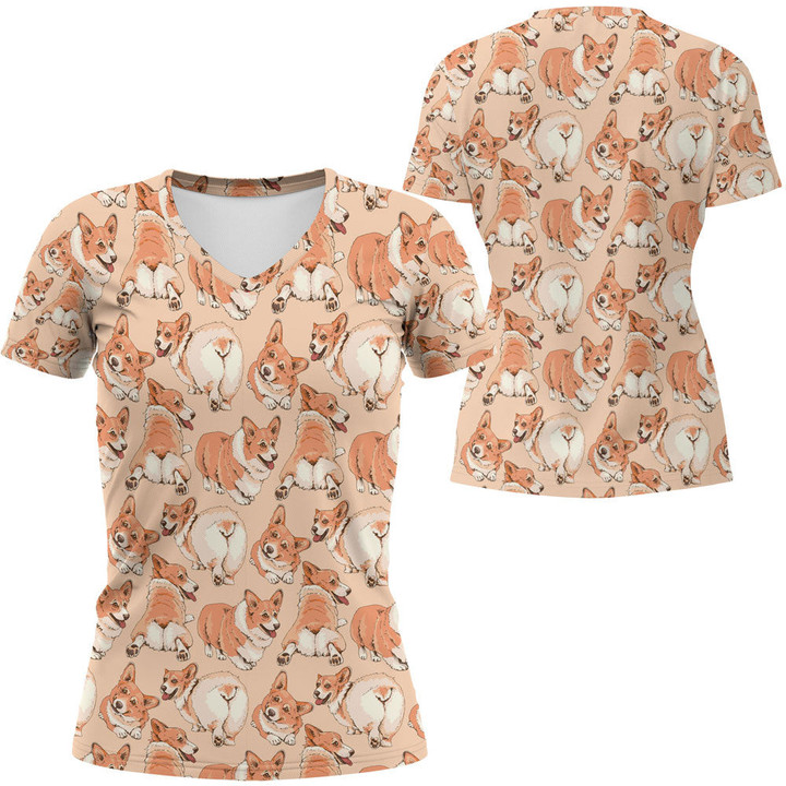 1sttheworld Clothing - Pattern of Corgi Dog - V-neck T-shirt A7 | 1sttheworld