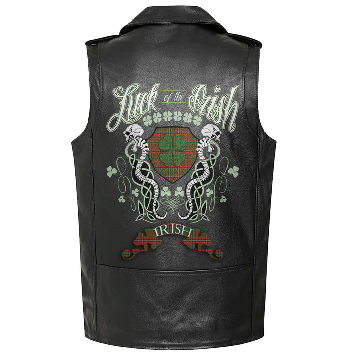 1sttheworld Clothing - Seton Hunting Modern Tartan Luck of the Irish Sleeve Leather Sleeveless Biker Jacket A35