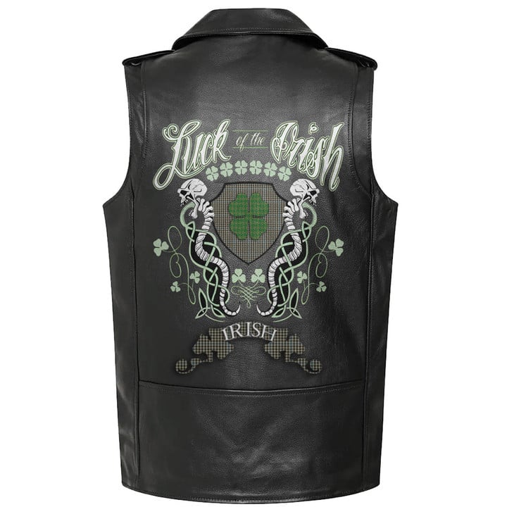 1sttheworld Clothing - Haig Check Tartan Luck of the Irish Sleeve Leather Sleeveless Biker Jacket A35