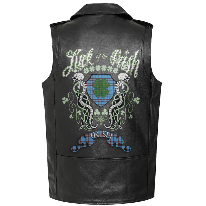 1sttheworld Clothing - Elliot Ancient Tartan Luck of the Irish Sleeve Leather Sleeveless Biker Jacket A35