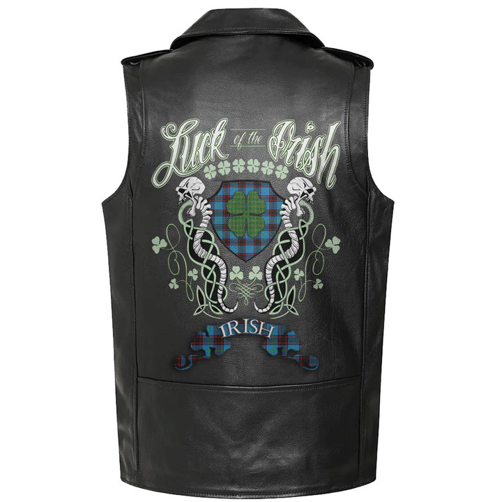1sttheworld Clothing - Home Ancient Tartan Luck of the Irish Sleeve Leather Sleeveless Biker Jacket A35
