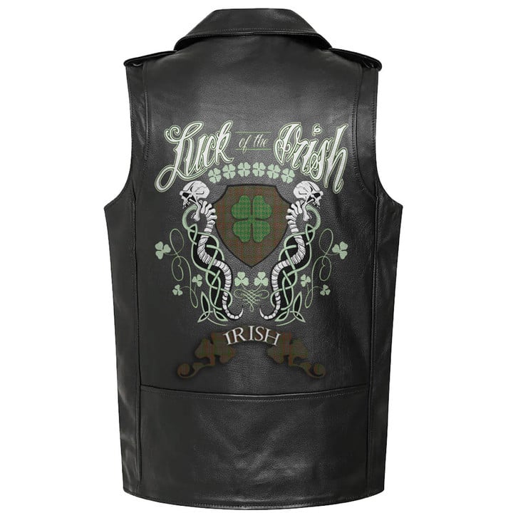1sttheworld Clothing - Gray Tartan Luck of the Irish Sleeve Leather Sleeveless Biker Jacket A35