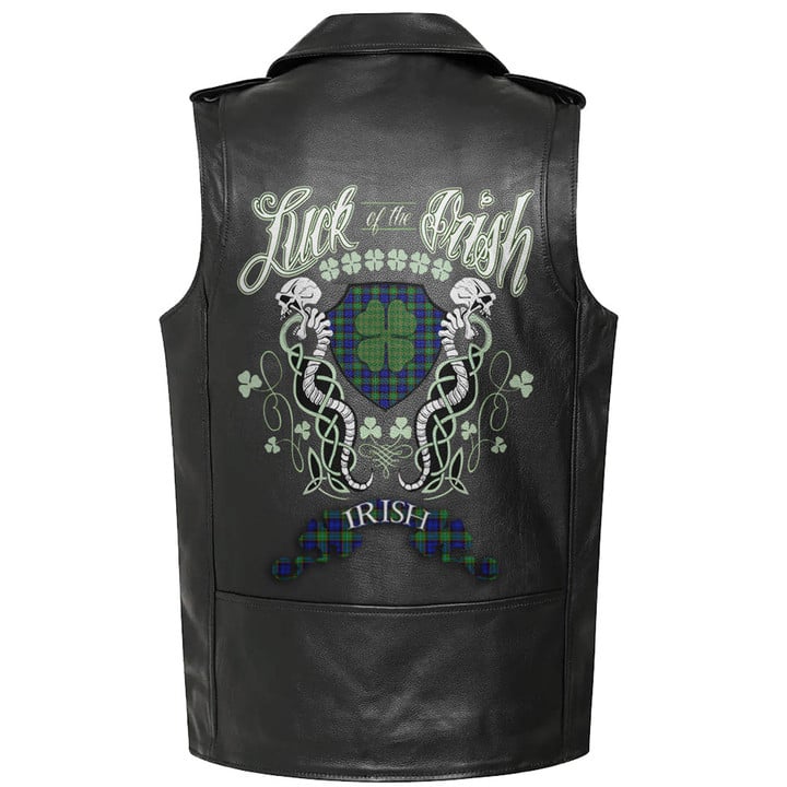 1sttheworld Clothing - Sempill Modern Tartan Luck of the Irish Sleeve Leather Sleeveless Biker Jacket A35