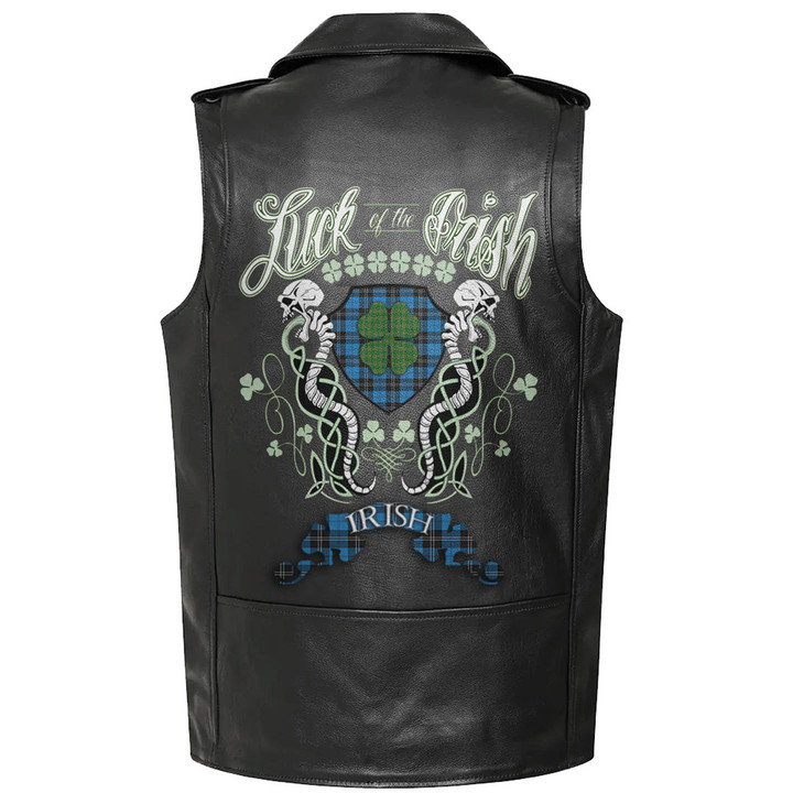 1sttheworld Clothing - Ramsay Blue Ancient Tartan Luck of the Irish Sleeve Leather Sleeveless Biker Jacket A35
