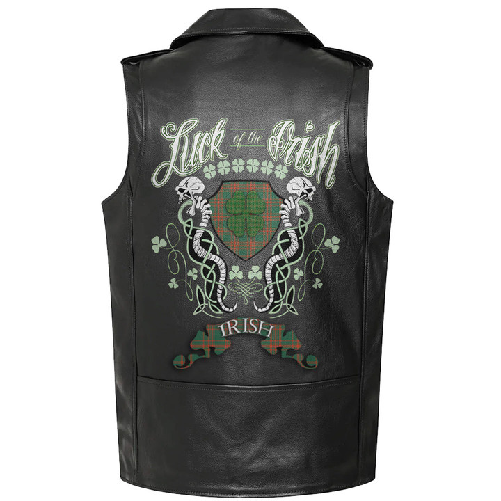 1sttheworld Clothing - Menzies Green Ancient Tartan Luck of the Irish Sleeve Leather Sleeveless Biker Jacket A35