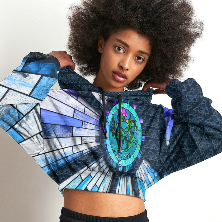 Thistle Scotland Celtic Knot and Strained Window Blue Style Croptop Hoodie A94 | 1stIreland
