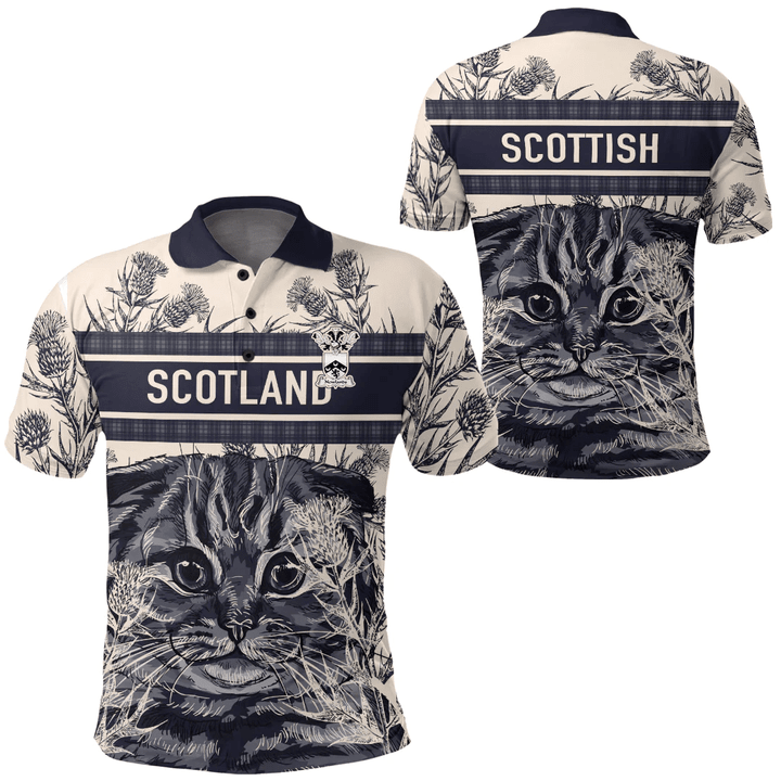 1sttheworld Clothing - Newlands Family Crest Polo Shirt Scottish Fold Cat and Thistle Drawing Style A7 | 1sttheworld
