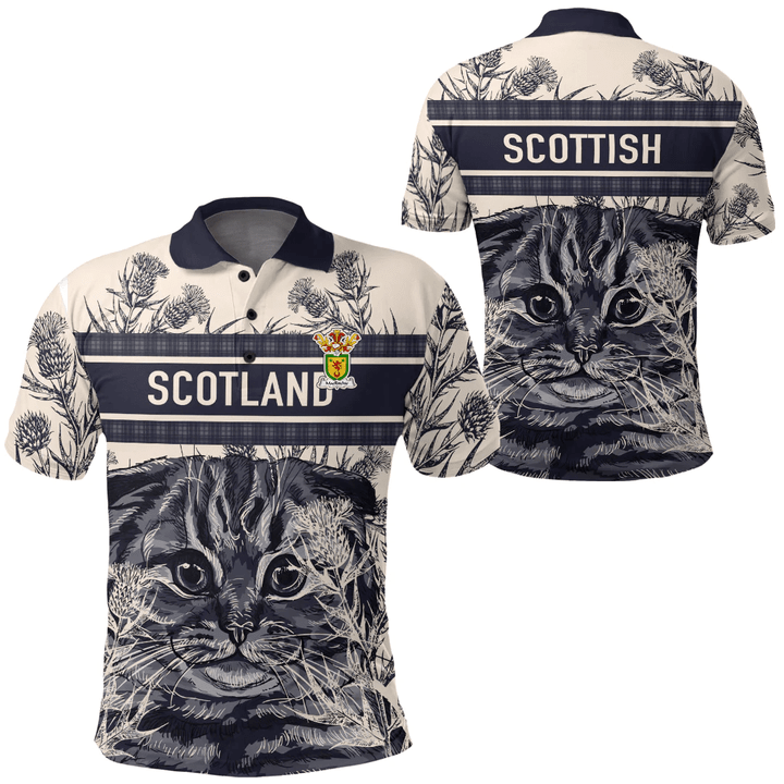 1sttheworld Clothing - MacRitchie Family Crest Polo Shirt Scottish Fold Cat and Thistle Drawing Style A7 | 1sttheworld