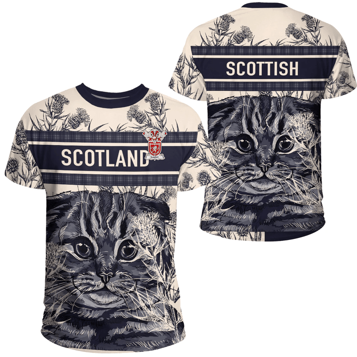 1sttheworld Clothing - Younger Family Crest T-Shirt Scottish Fold Cat and Thistle Drawing Style A7 | 1sttheworld
