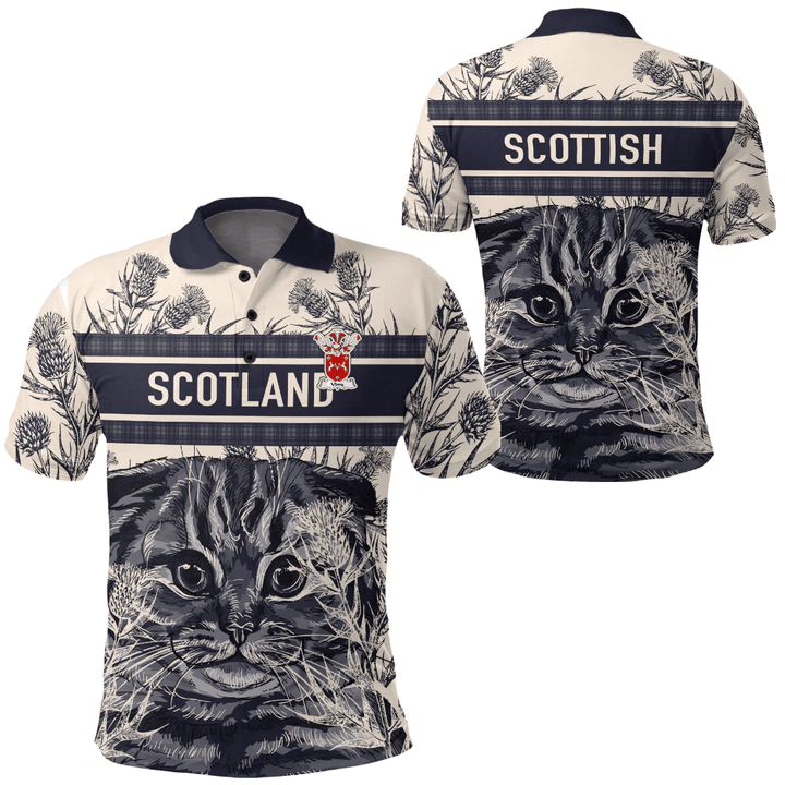 1sttheworld Clothing - Udny Family Crest Polo Shirt Scottish Fold Cat and Thistle Drawing Style A7 | 1sttheworld