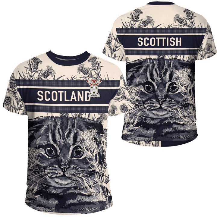 1sttheworld Clothing - MacNair Family Crest T-Shirt Scottish Fold Cat and Thistle Drawing Style A7 | 1sttheworld