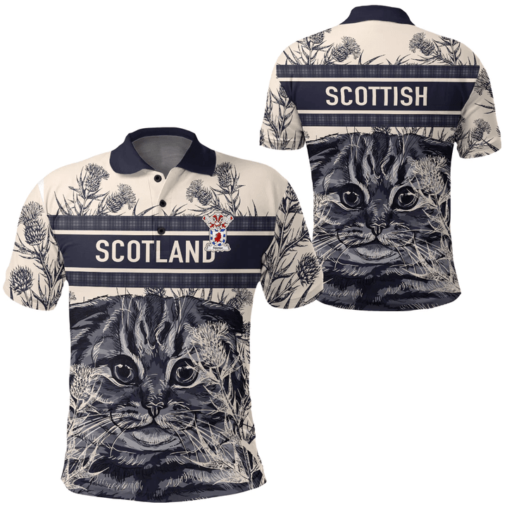 1sttheworld Clothing - Spence Family Crest Polo Shirt Scottish Fold Cat and Thistle Drawing Style A7 | 1sttheworld