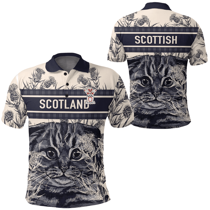1sttheworld Clothing - Rutherford Family Crest Polo Shirt Scottish Fold Cat and Thistle Drawing Style A7 | 1sttheworld