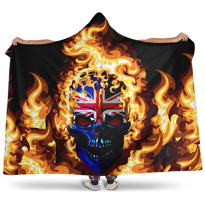1sttheworld Hooded Blanket - United Kingdom Union Jack Flaming Skull Hooded Blanket A7 | 1sttheworld