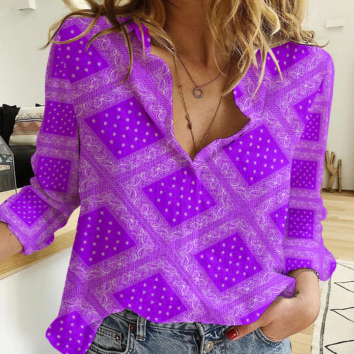 1sttheworld Clothing - Paisley Bandana Pattern Seamless (Purple)1 Paisley Women's Casual Shirt A35