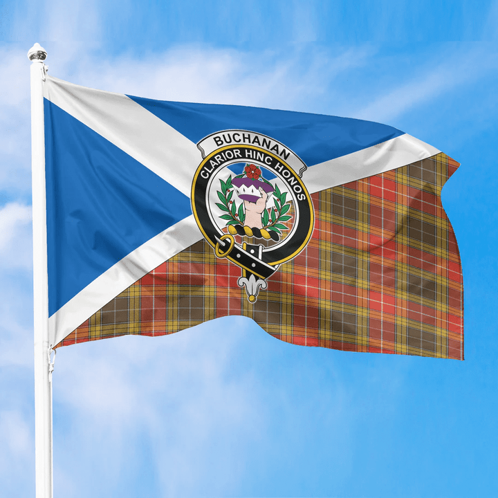 1sttheworld Flag - Scotland Flag and Buchanan Old Set Weathered Crest and Tartan Family All Over Print Flag A35