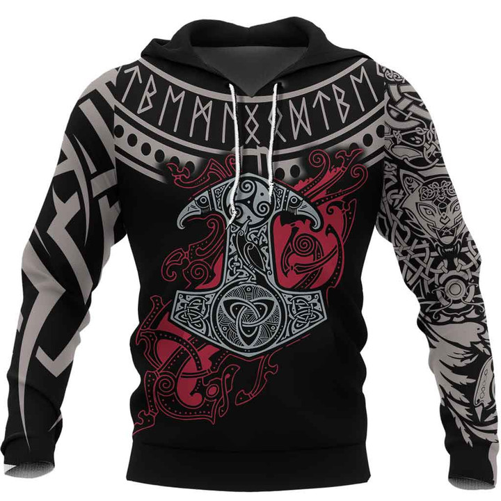 1sttheworld Clothing - Mjolnir and Fenrir Tattoo Mix Ruby Red Hoodie A35
